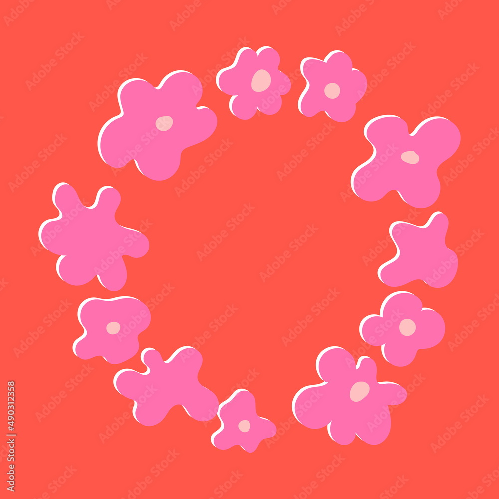 Greeting card with pink abstract flowers in low contrast. Vector illustration in hippie style. Poster with floral wreath