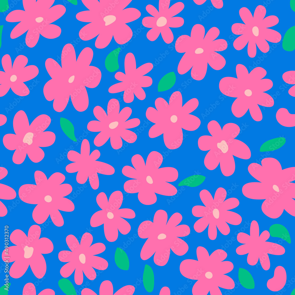 Spring floral seamless pattern. Pink abstract flowers on blue background. Vector background for fashion, textile, scrapbooking etc. Spring floral seamless pattern. Pink abstract flowers on blue background. Vector background for fashion, textile, scrapbooking etc.