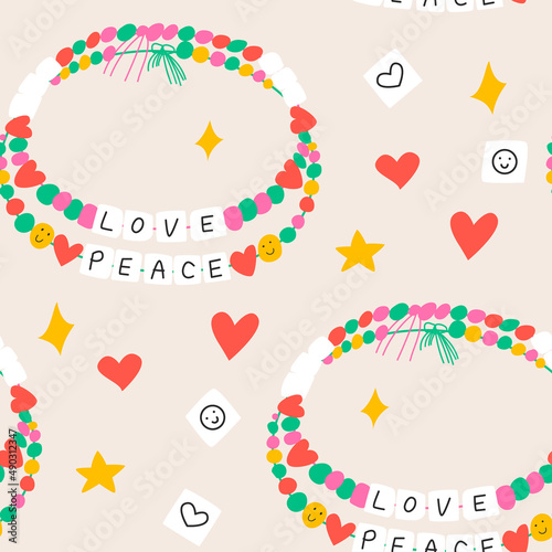 Seamless pattern with friendship beads bracelets, words love and peace, stars and hearts. Vector illustration of handmade hobby. Cute background in old school style. 