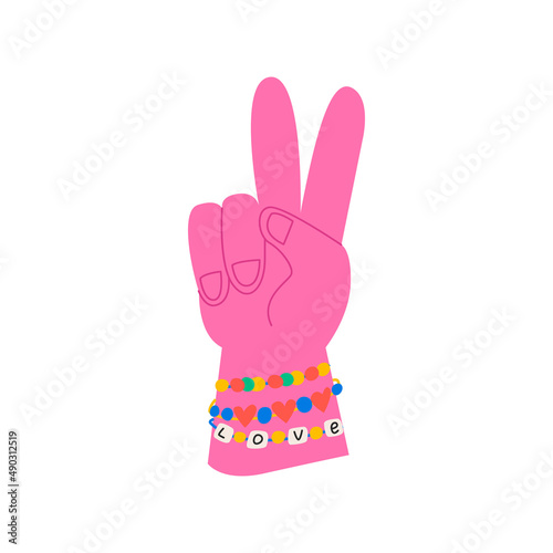 Peace sign hand gesture symbol. Vector illustration in retro hippie style. Hand with plastic beads bracelets. Hand with two fingers on isolated background. Victory sign