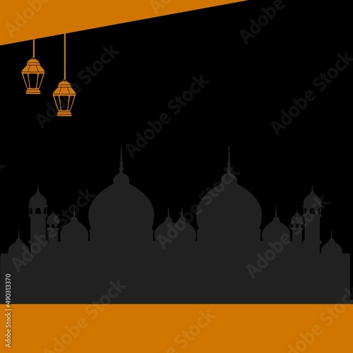 Yellow and black color gradient banner background design with mosque silhouette