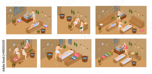 Sauna and steam room. Set of people in sauna. People relax and steam with birch brooms in traditional russian stove for female and male. Finnish bathhouse. Public sauna, Friends in spa resort
