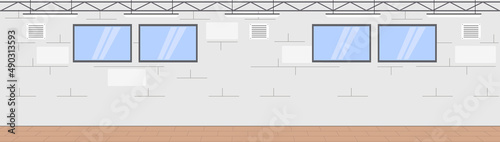 Industrial building or modern factory vector illustration. Manufacturing, production, plant or warehouse premises. Empty factory and space for industrial production. Hangar building with windows