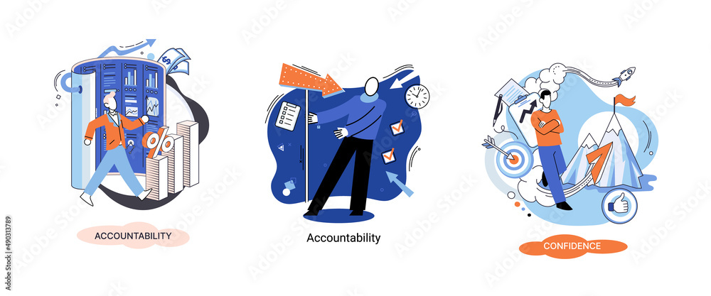 Fototapeta premium Personal quality concept creative metaphors set. Confidence, accountability and discipline, mental strength, psychological flexibility, decision making, leadership role, personal development