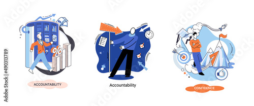 Personal quality concept creative metaphors set. Confidence, accountability and discipline, mental strength, psychological flexibility, decision making, leadership role, personal development