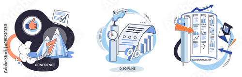 Personal quality concept creative metaphors set. Confidence, accountability and discipline, mental strength, psychological flexibility, decision making, leadership role, personal development