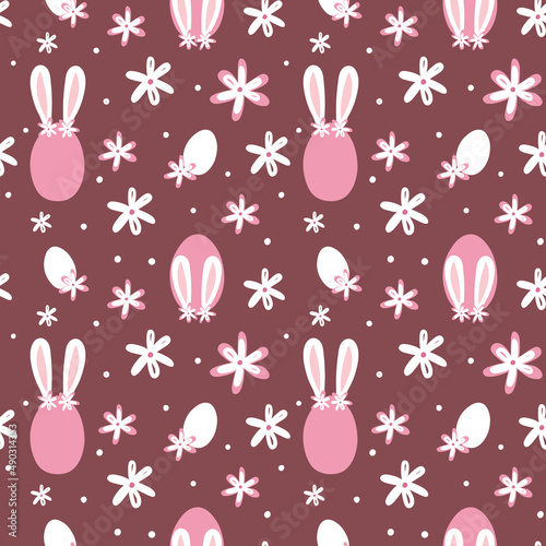 Bunny ears, egs and daisy Easter vector seamless pattern. Holiday background. Hand drawn illustration photo