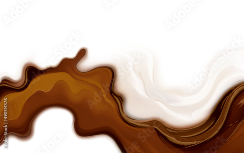 Chocolate milk fluid splash texture. Cocoa or coffee cream delicious sweet food background. Tasty nut yogurt cream or peanut butter dessert...