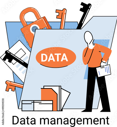 Data management metaphor, privacy media center, business protection, rational storage of information, digital privacy. Efficient data manager, cost-effective safe organization, storage and use of data