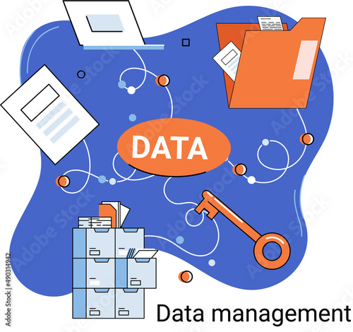 Data management metaphor, privacy media center, business protection, rational storage of information, digital privacy. Efficient data manager, cost-effective safe organization, storage and use of data