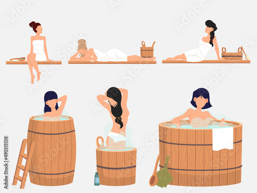 Woman sitting and relaxing in sauna isolated on white. Bathhouse or banya. Frends enjoying wellness spa procedures. Female characters in hot sauna resting alone. Girl sits on wooden bench in sauna