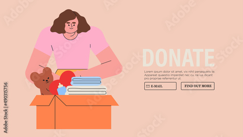 People characters donating for charity. Volunteers collecting and putting money, toys, food and clothes for children in donation boxes. Charity and financial support concept banner, landing page.