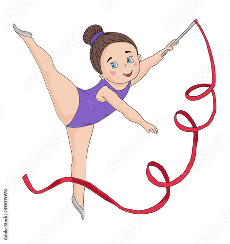 Cute little girl gymnast with ribbon. Illustration. Hand drawn.	Closeup.
