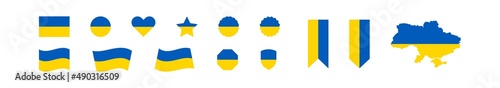 Ukraine flag and map isolated vector illustration signs set. Patriotic ribbon for national banner