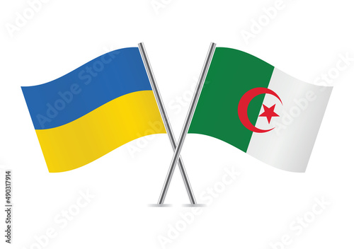 Ukraine and Algeria crossed flags. Ukrainian and Algerian flags, isolated on white background. Vector icon set. Vector illustration.