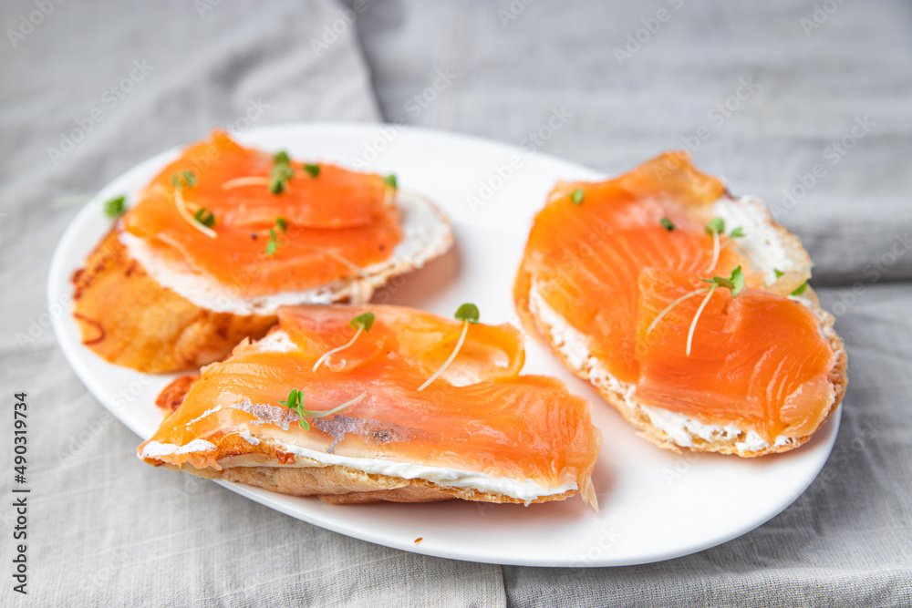 salmon sandwich smorrebrod fish open sandwich seafood fresh meal food diet snack on the table copy space food background 