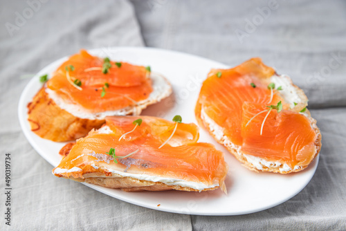 salmon sandwich smorrebrod fish open sandwich seafood fresh meal food diet snack on the table copy space food background 