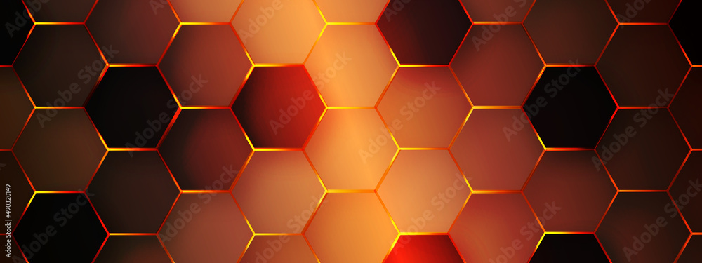 Abstract geometrical honeycomb black background with orange hexagonal ...