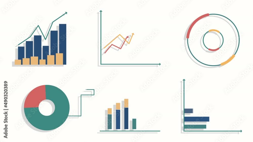 Set of animated infographic elements, flat design. Diagrams, histograms and charts growing on white background. 4K