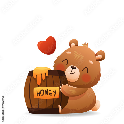 Baby bear hugs a barrel of honey. On a wooden barrel the inscription Honey. Drawn in cartoon style. Vector illustration for designs, prints and patterns. Isolated on white background