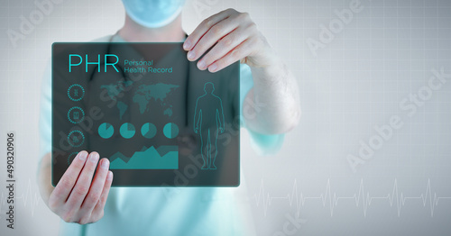 PHR (Personal Health Record). Doctor holding virtual letter with text and an interface. Medicine in the future