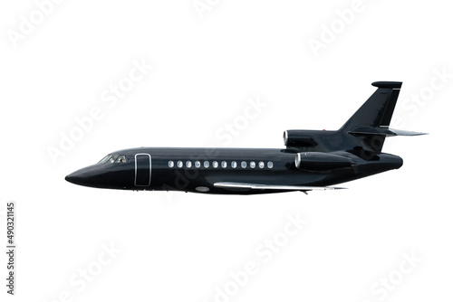 Modern black executive luxury business jet flies isolated on white background