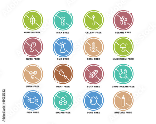 Allergen free icons set in different colors, vector, illustration.