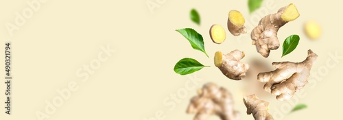 Flying fresh ginger root, green leaves isolated on beige background. Creative food concept. Natural organic ginger for health, medicine, protection against colds. Spice for cooking, ginger to immunity photo