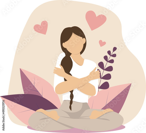 Girl self-love meditation yoga lotus in FaceLess style and with plants and hearts