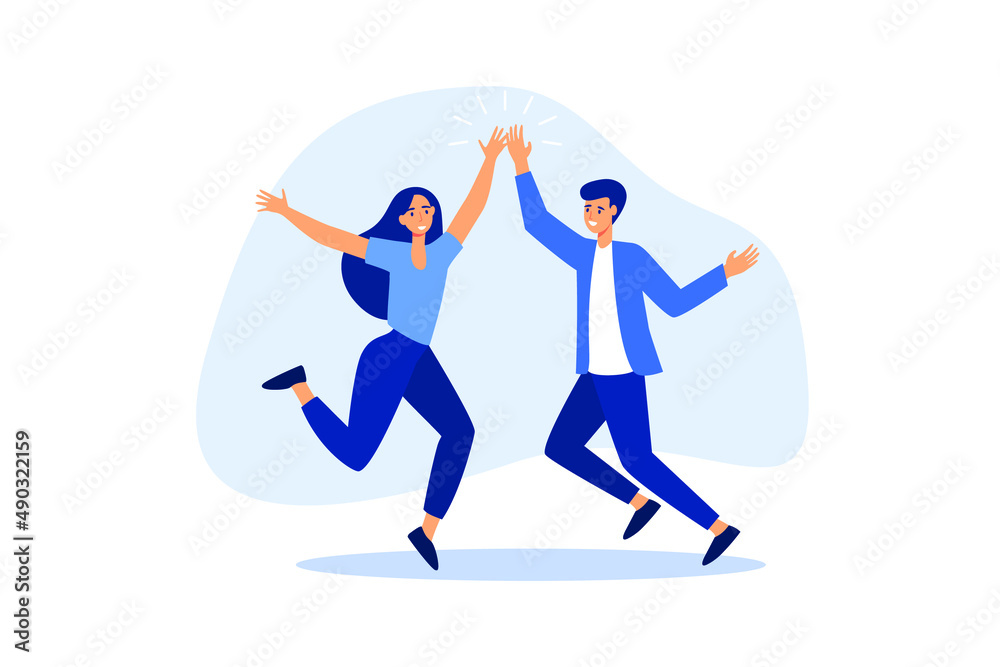 Team success winners, hi five or congratulation on business goal achievement, collaboration or encouragement concept, happy businessman and woman teamwork coworkers jumping and hi five clapping hands.