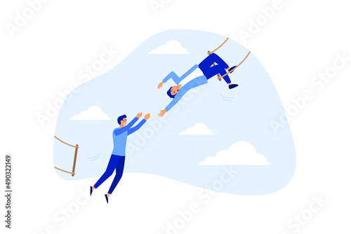 Trustworthy and honesty to believe in work together, integrity or trust for partnership, support and reliable to help success together concept, businessman acrobat hold hand tight by trusted partner.