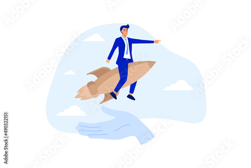 Venture capital to funding startup company, help or financial support entrepreneur or small company to launch project concept, confident businessman riding launching company rocket in supporter hand.
