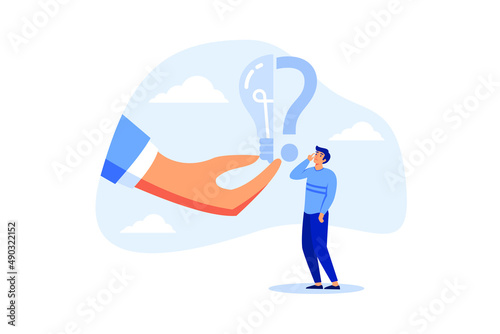 Business problem, idea, decision making and solution, job and career path concept, confusing businessman stand with question mark sign then helping hand put half of lightbulb lamp for bright solution.