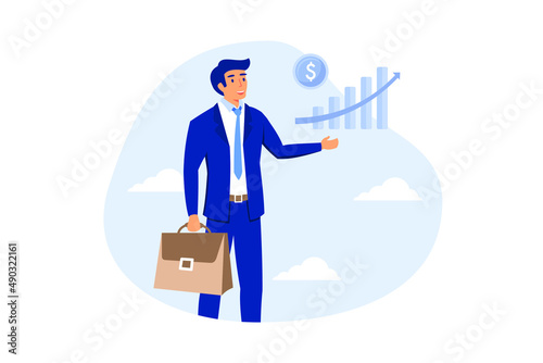 	
Investment profit growth, financial advisor or wealth management, make money to get rich or increase earning or income concept, confidence businessman investor holding big rising profit growth graph