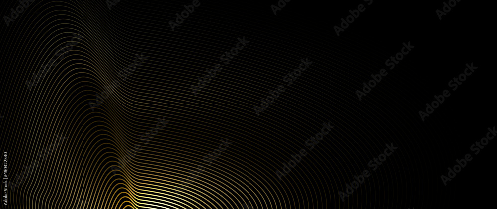 Vector abstract art with gold, yellow wave line or curve line pattern, smooth light shiny, texture on dark, black color background.Illustration luxury, modern graphic design golden metal for wallpaper Vector abstract art with gold, yellow wave line or curve line pattern, smooth light shiny, texture on dark, black color background.Illustration luxury, modern graphic design golden metal for wallpaper