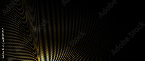 Vector abstract art with gold, yellow wave line or curve line pattern, smooth light shiny, texture on dark, black color background.Illustration luxury, modern graphic design golden metal for wallpaper