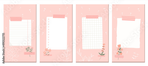 Social Media Stories Layout Set. Different sheets of paper taped with decorative duct tape to the wall. Vector illustration, flat style on a pink background.