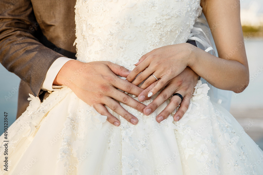 Groom hugging beautiful bride in a white dress from behind Hands Close up Husband and wife who is pregnant posing by hugging each other Groom hugging beautiful bride in a white dress from behind Hands Close up Husband and wife who is pregnant posing by hugging each other