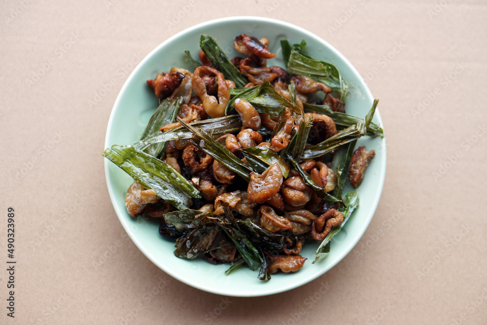 Crispy fried intestines and herbs on dish. Concept : Weird food. Delicious menu in Thailand. Best to eat with beer or eat as appetizer. Crispy fried intestines and herbs on dish. Concept : Weird food. Delicious menu in Thailand. Best to eat with beer or eat as appetizer.