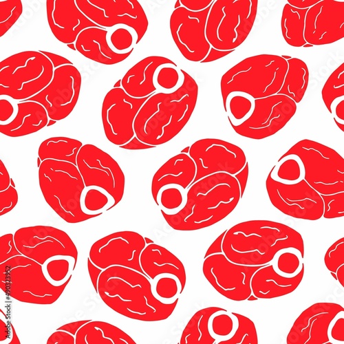 Simple vector seamless pattern. Steaks of red raw meat on a white background. For prints of packaging paper, textile products. Butcher shop, food.