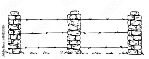 Hand-drawn simple vector drawing in black outline. Rural farm fence, field protection. Stone posts with barbed wire, grass. Security, entry prohibited. Ink sketch.