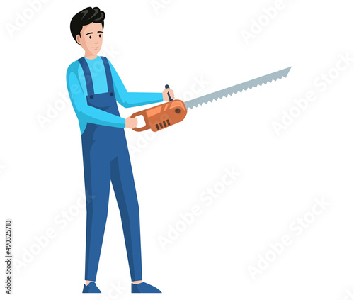 Man stands with chainsaw in hands. Guy holds tool to cut trees. Instrument, equipment for working in garden. Male character starting chainsaw, holding electric saw isolated on white background