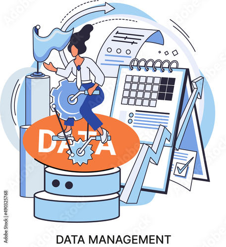 Data management metaphor, privacy media center, business protection, rational storage of information, digital privacy. Efficient data manager, cost-effective safe organization, storage and use of data