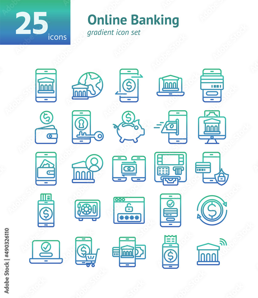 Online Banking gradient icon set. Vector and Illustration.