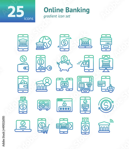 Online Banking gradient icon set. Vector and Illustration.