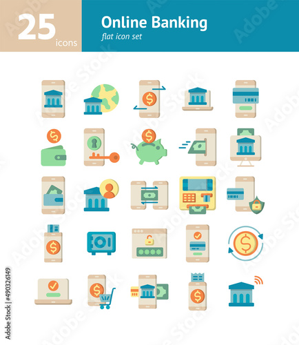 Online Banking flat icon set. Vector and Illustration.