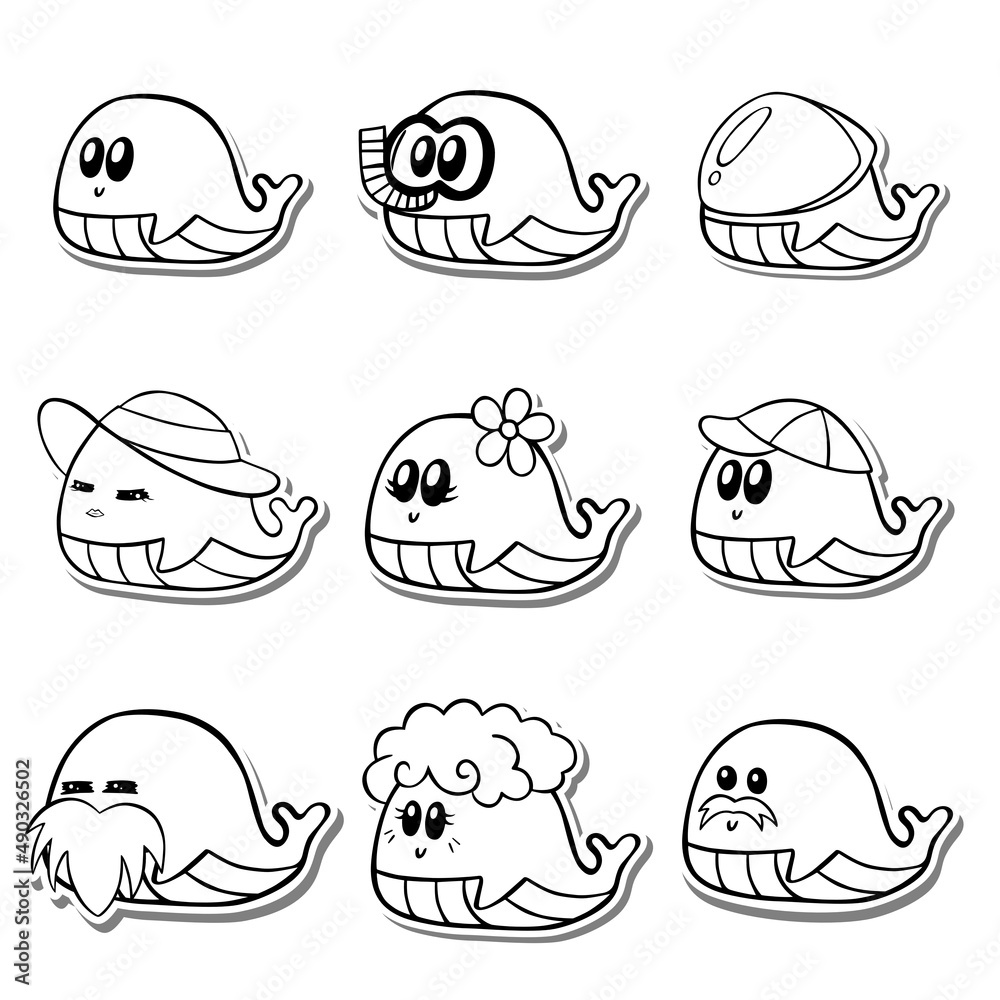 Black Line Nine Whale Cartoon Doodle on white silhouette and gray shadow. Vector illustration about marine life. Black Line Nine Whale Cartoon Doodle on white silhouette and gray shadow. Vector illustration about marine life.