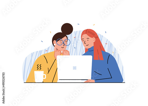Girls are sitting at the table and looking at the laptop screen