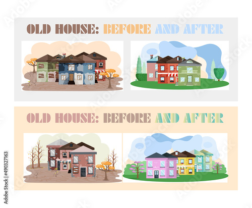 Home renovation, house before and after repair. New and old suburban cottage. Remodel construction. Old run-down house remodeled into cute traditional suburban cottage. Building maintenance service