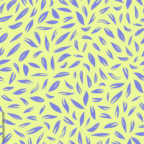 Abstract leaves seamless repeat pattern. Random placed, vector botanical shapes all over print on neon yellow background.